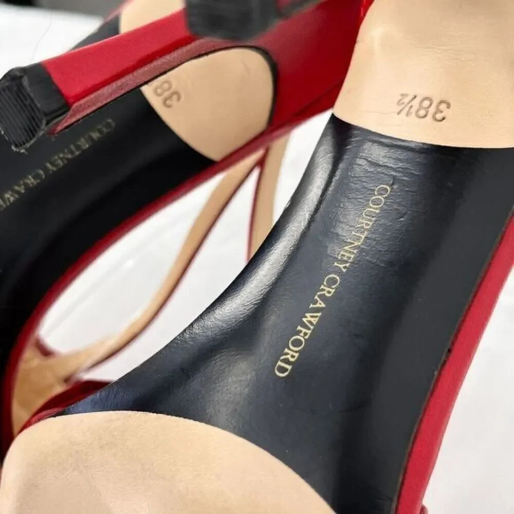 Courtney‎ Crawford Ruffle Leather Strappy Heels Sandals Red 38.5 (8) Made Italy